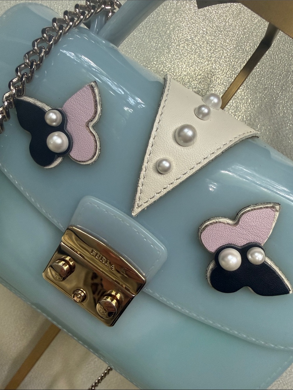 Furla Light Blue Mini Top-Handle Satchel with Butterfly Appliqués - Picture 3 of 3